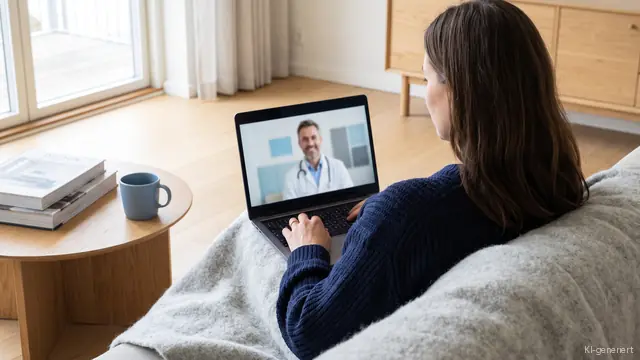 Frau mit einer Decke auf dem Sofa beim Videogespräch mit einem Arzt